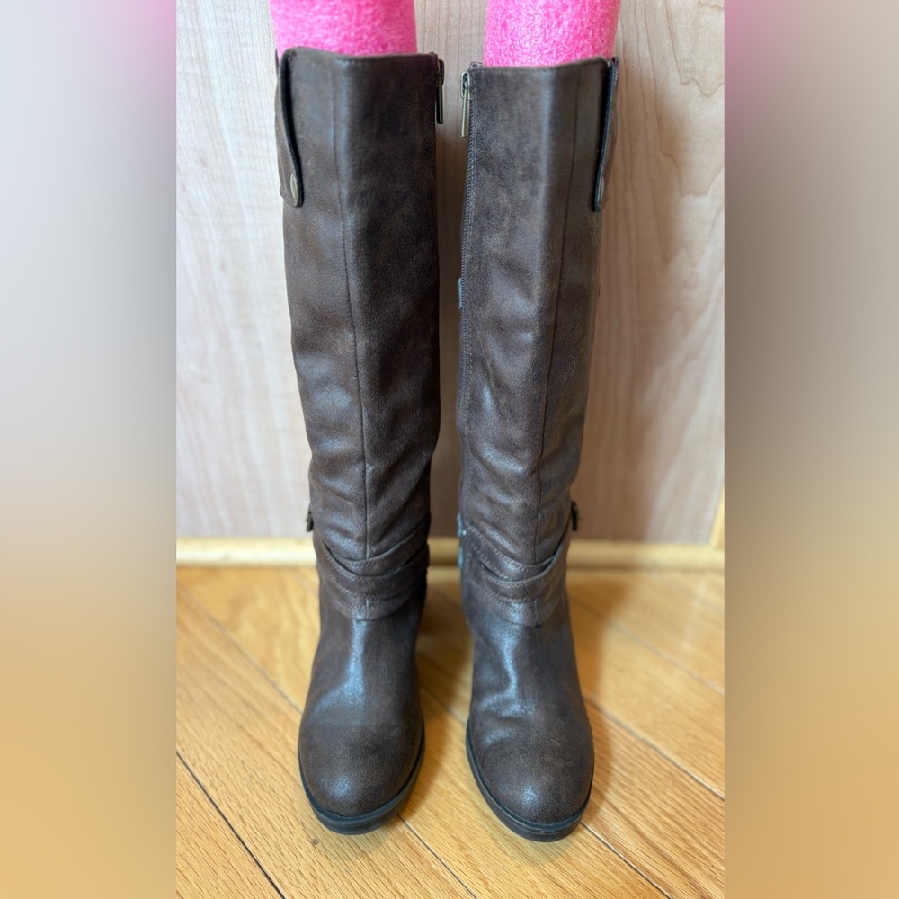 Mossimo Supply Co. Boots Womens 8 Tall Riding Brown Faux Leather Buckle Zipper